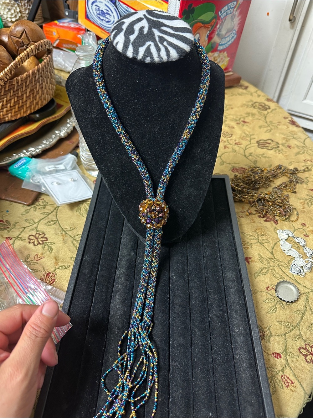 Beaded Lariat Necklace with Multicolor Seed Beads and Amber Center